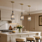 Retro Vertical Fluted Glass Hanging Pendant Light with Wood and Brass Details