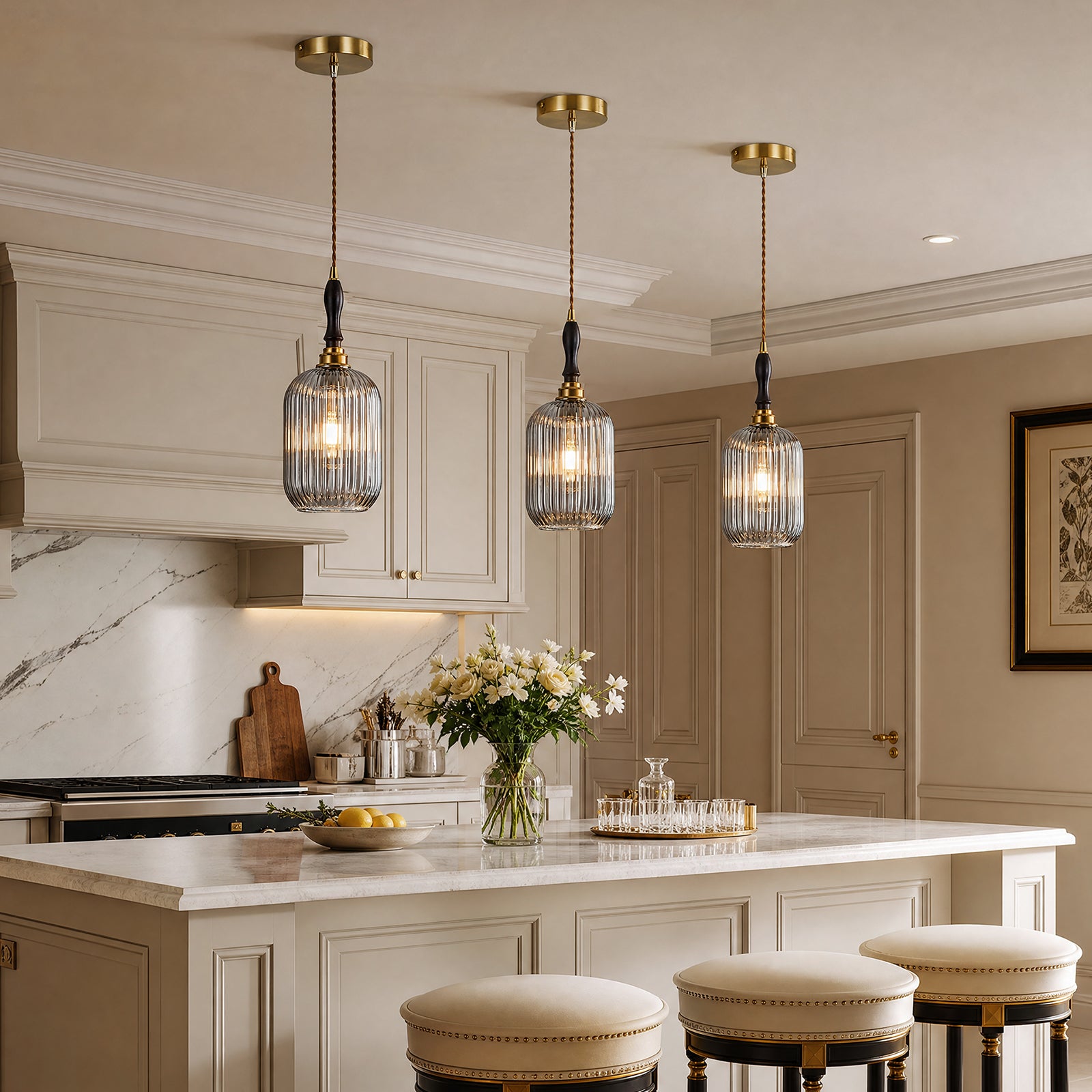 Retro Vertical Fluted Glass Hanging Pendant Light with Wood and Brass Details