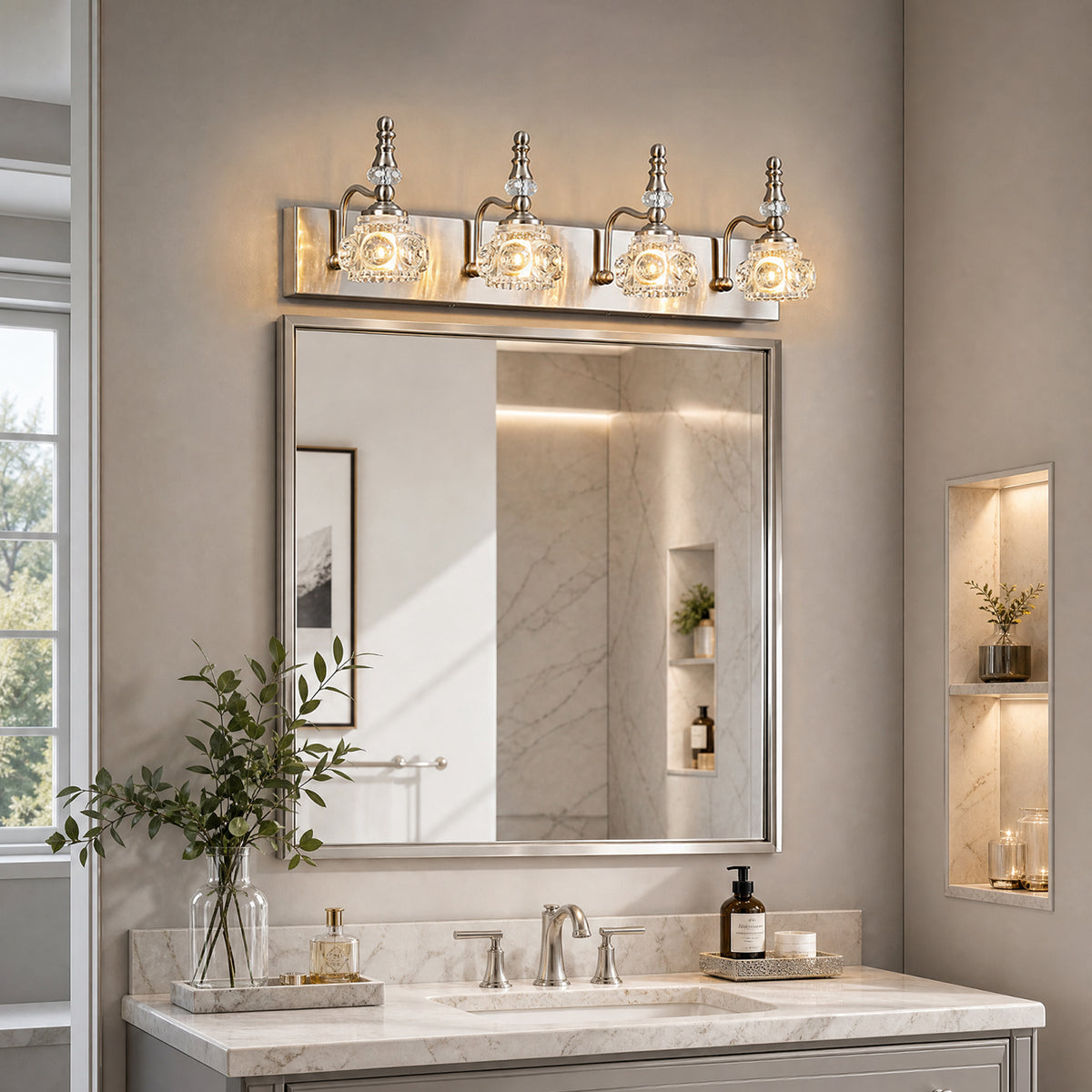 Vintage Embossed Textured Glass Curved Metal Arm Bathroom Vanity Light