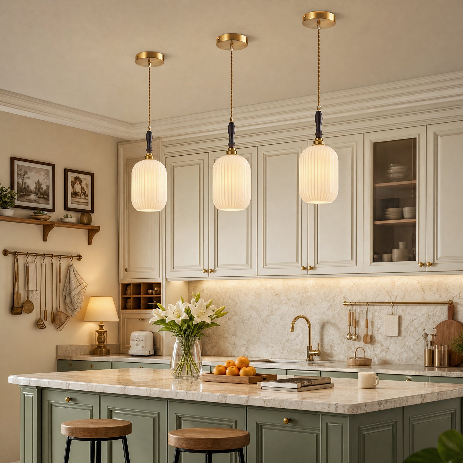 Retro Vertical Fluted Glass Hanging Pendant Light with Wood and Brass Details