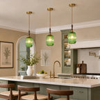 Retro Vertical Fluted Glass Hanging Pendant Light with Wood and Brass Details