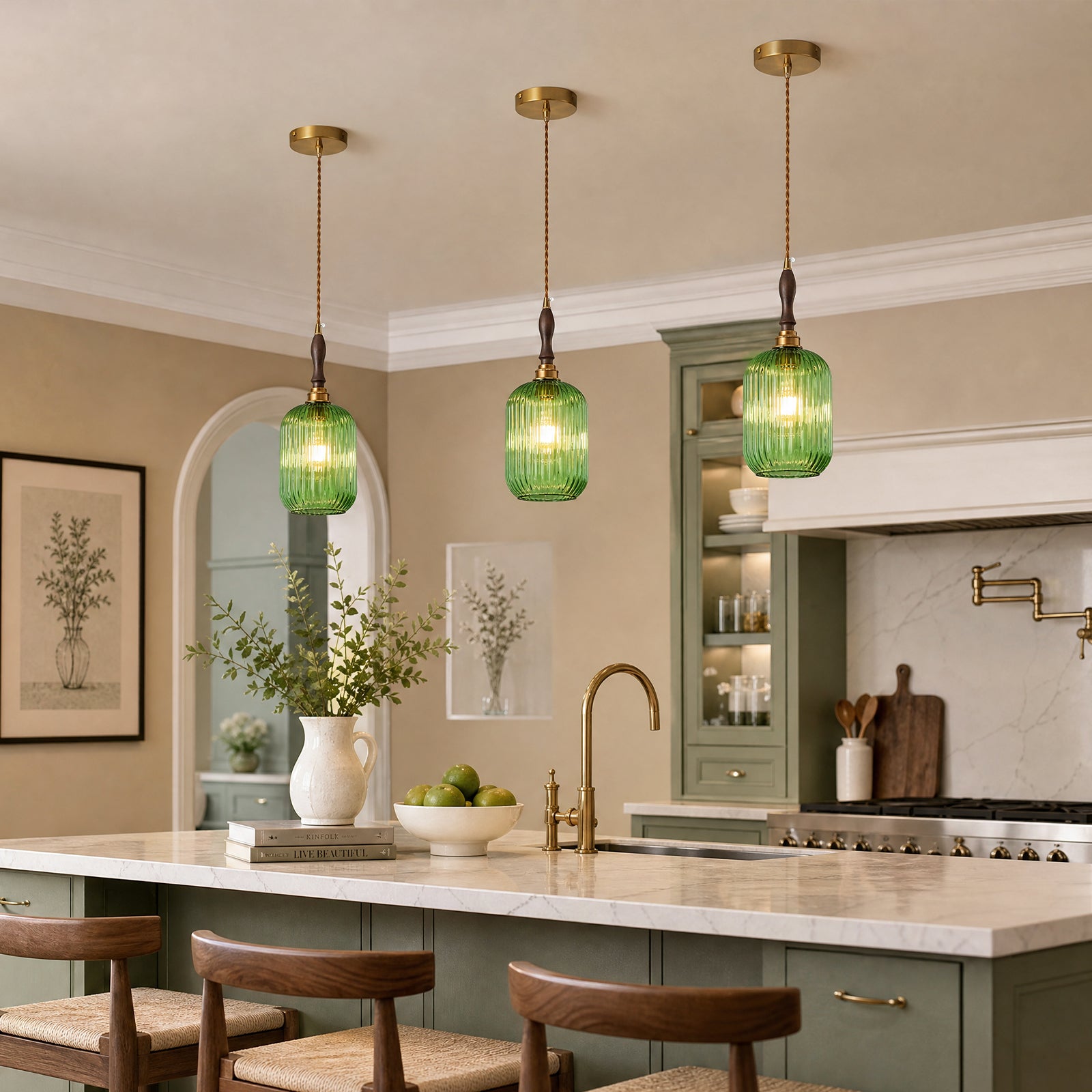 Retro Vertical Fluted Glass Hanging Pendant Light with Wood and Brass Details