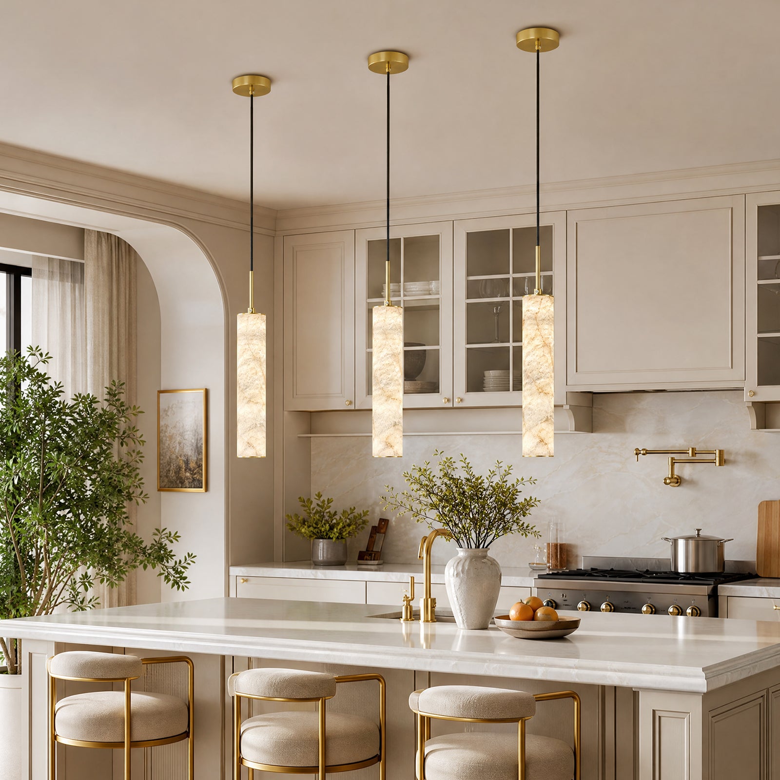 Natural Alabaster Marble Long Tube LED Pendant Light