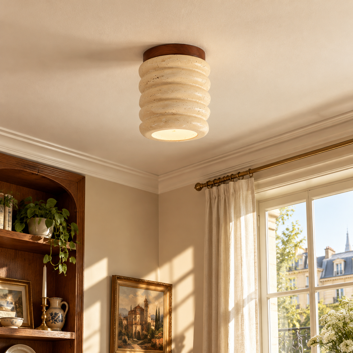 Modern Ribbed Cylinder Travertine Wood Flush Mount Ceiling Light