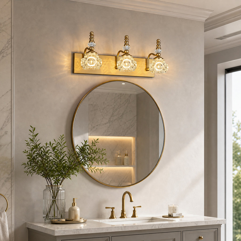 Vintage Embossed Textured Glass Curved Metal Arm Bathroom Vanity Light