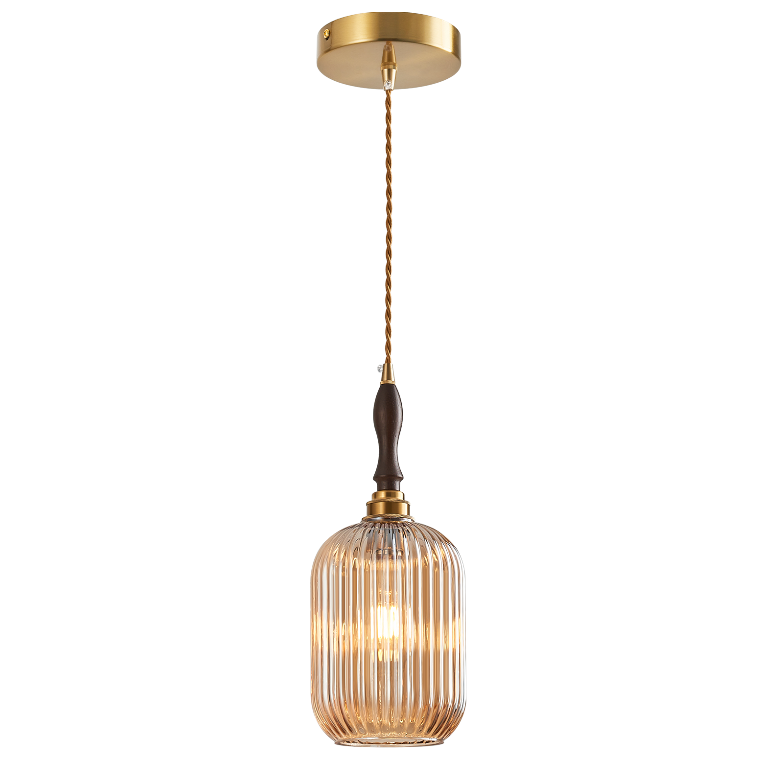 Retro Vertical Fluted Glass Hanging Pendant Light with Wood and Brass Details