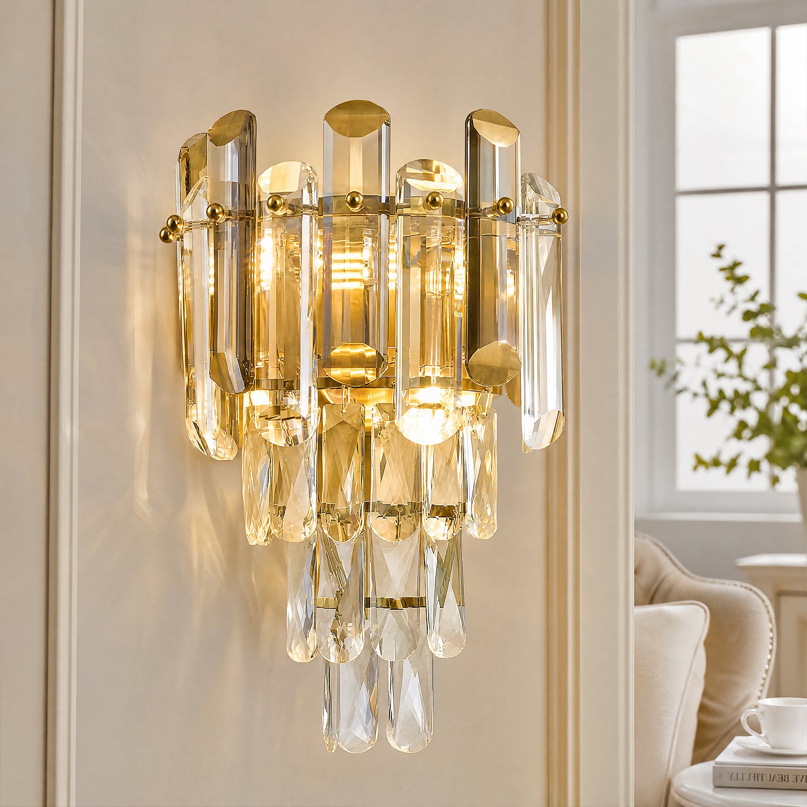Contemporary Luxury Multi-Layer Prism Crystal Gold Wall Sconce Set of Two