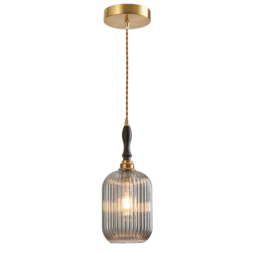 Retro Vertical Fluted Glass Hanging Pendant Light with Wood and Brass Details