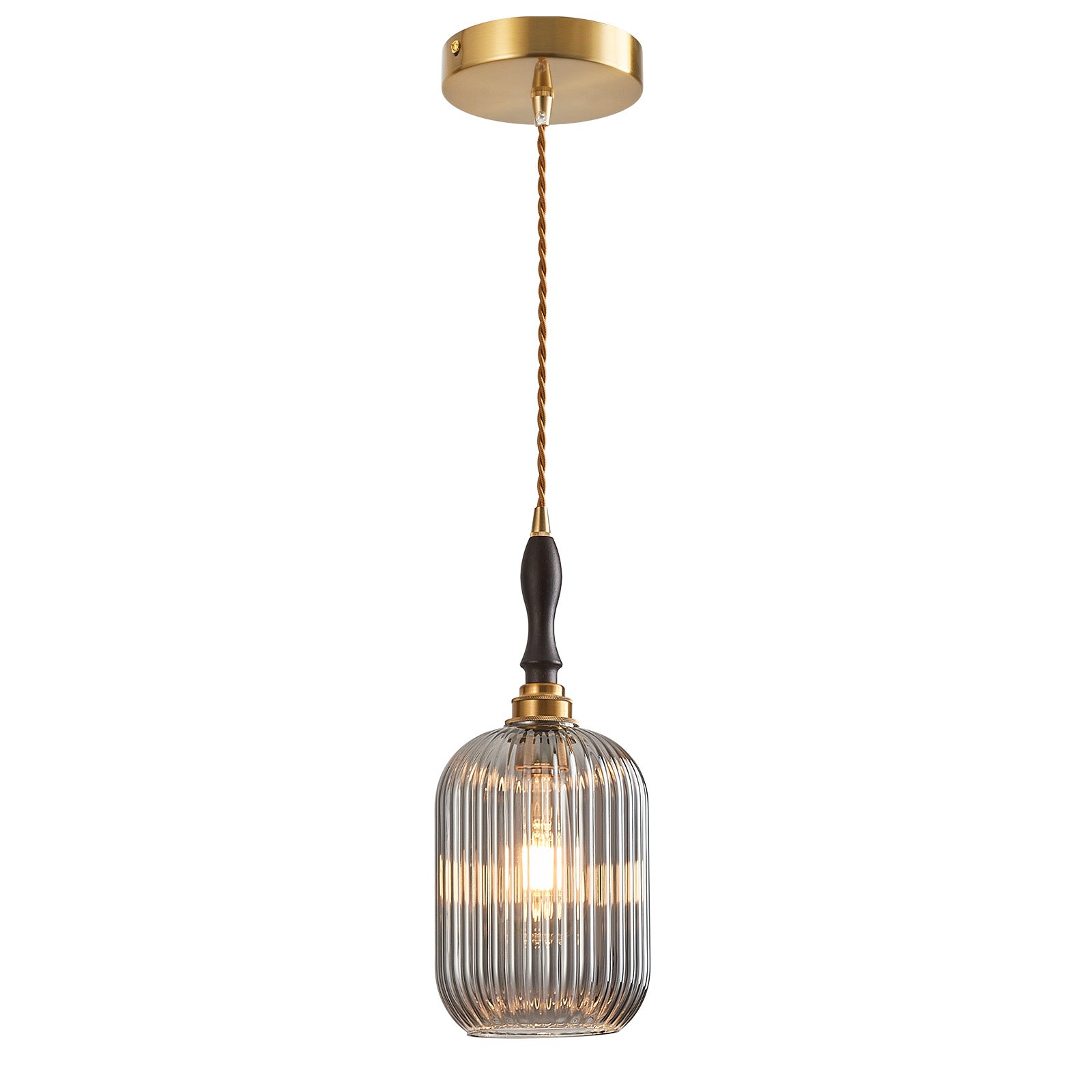 Retro Vertical Fluted Glass Hanging Pendant Light with Wood and Brass Details