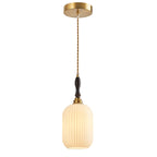 Retro Vertical Fluted Glass Hanging Pendant Light with Wood and Brass Details