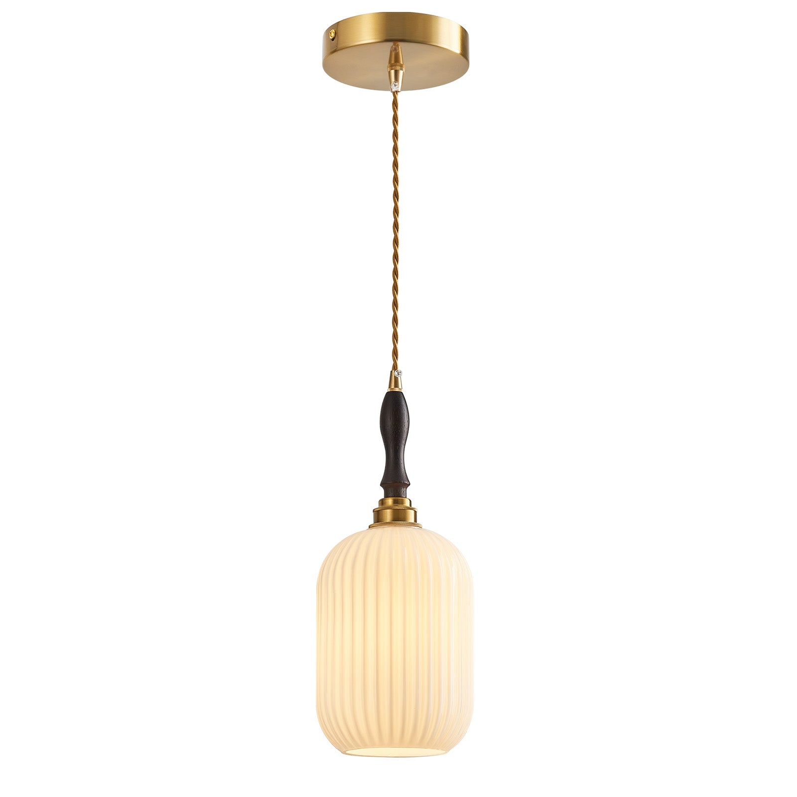 Retro Vertical Fluted Glass Hanging Pendant Light with Wood and Brass Details