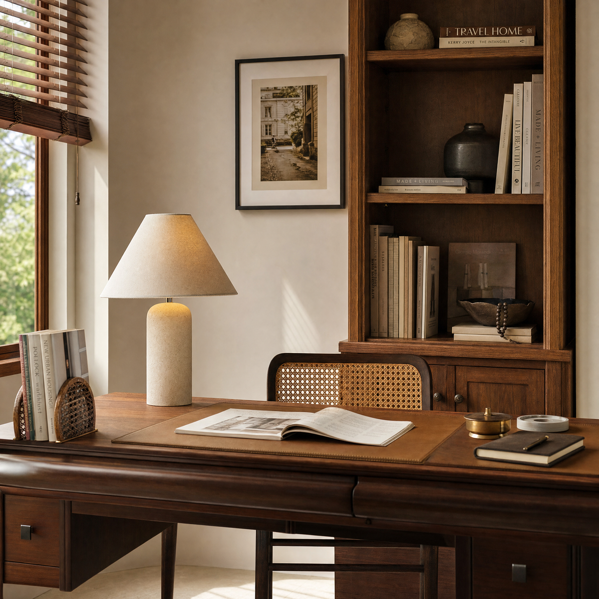 Modern Cylindrical Travertine Table Lamp