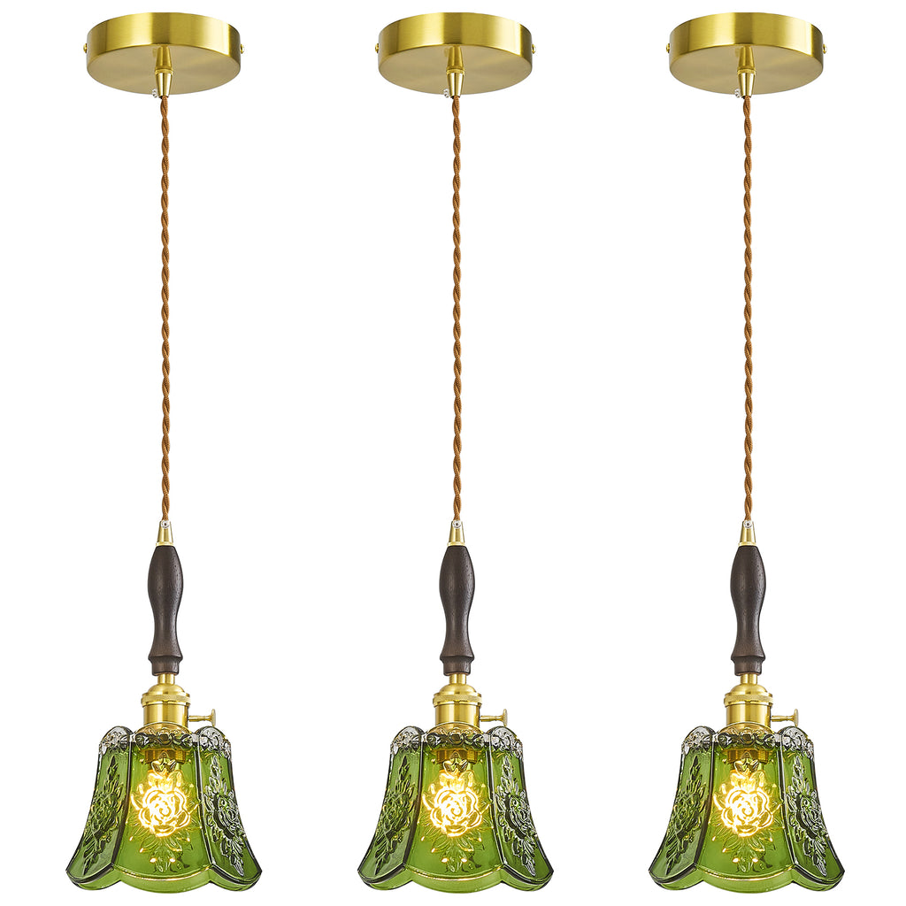 French Country Embossed Rose Floral Glass Pendant Light