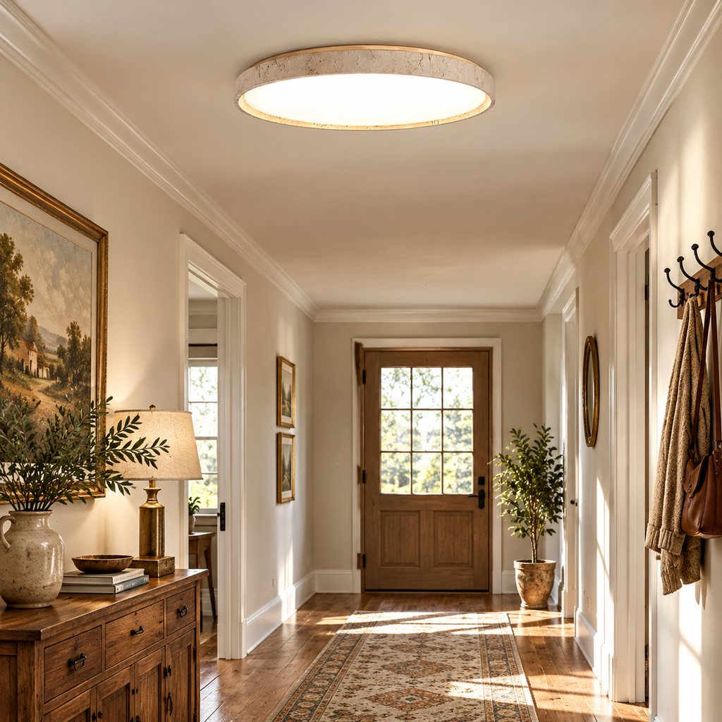 Modern Thin Round Travertine Flush Mount LED Ceiling Light