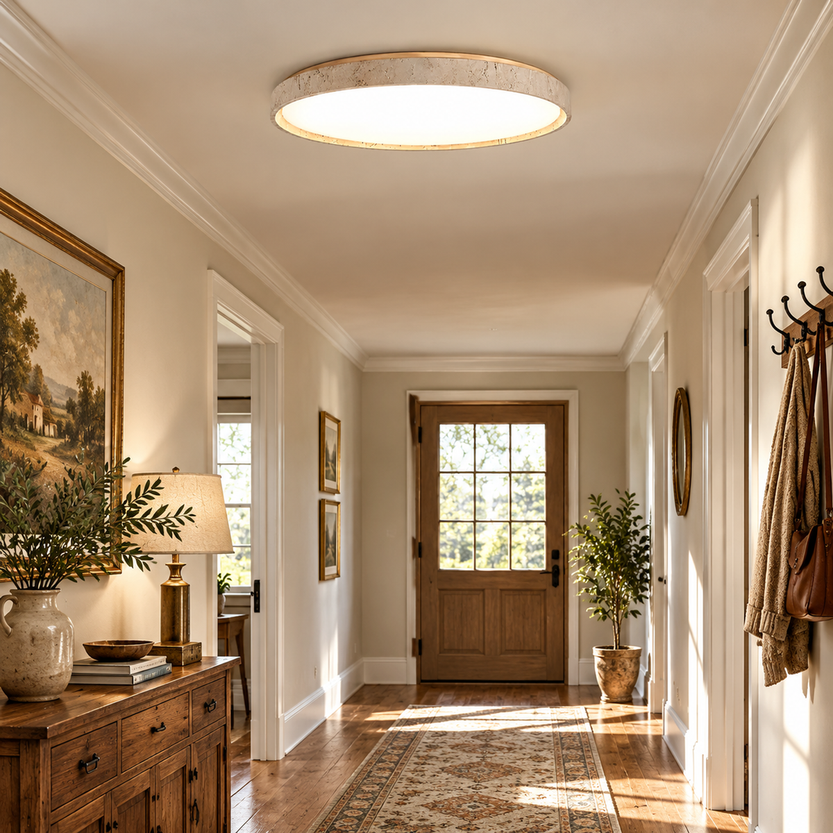 Modern Thin Round Travertine Flush Mount LED Ceiling Light
