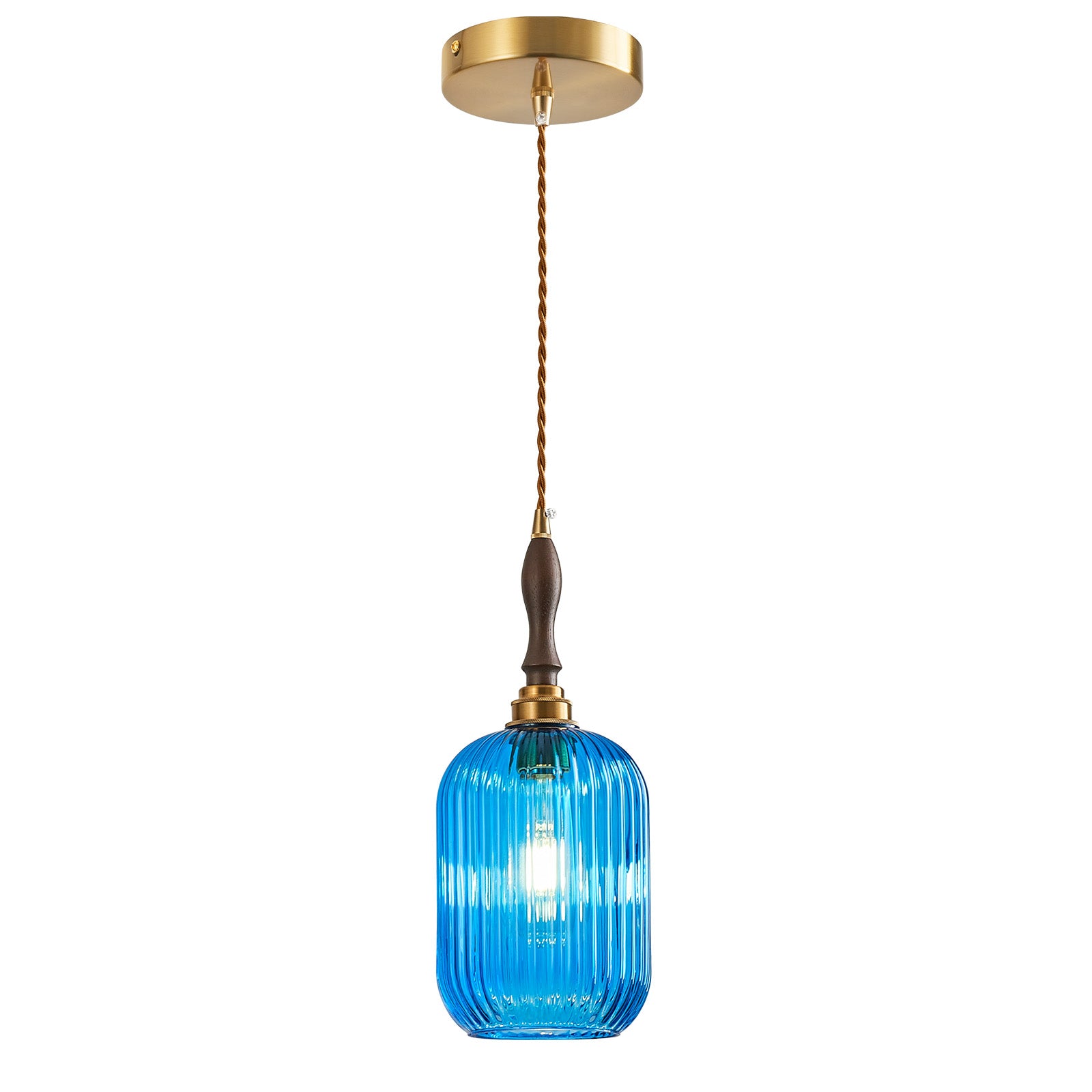 Retro Vertical Fluted Glass Hanging Pendant Light with Wood and Brass Details