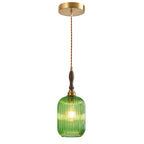 Retro Vertical Fluted Glass Hanging Pendant Light with Wood and Brass Details