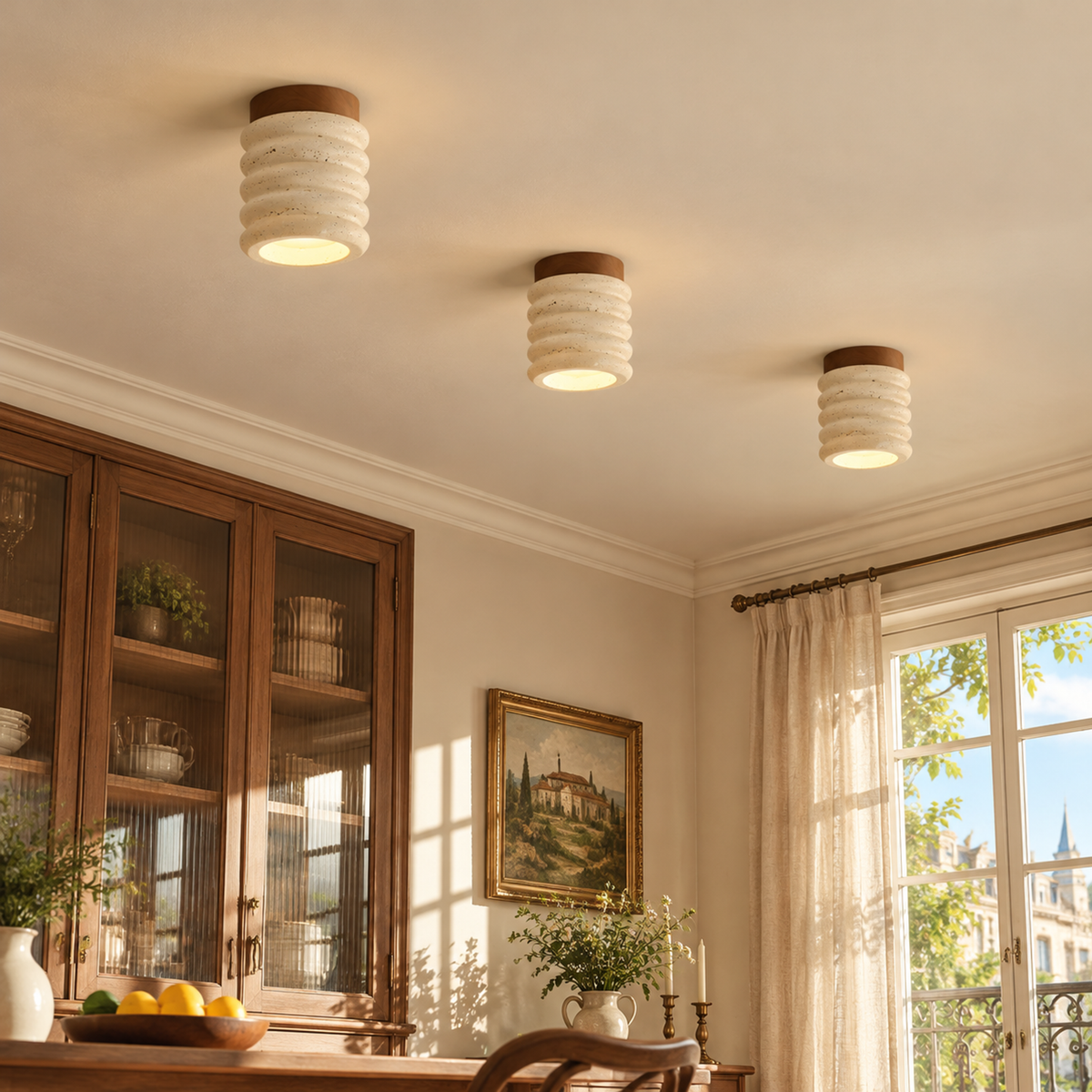Modern Ribbed Cylinder Travertine Wood Flush Mount Ceiling Light