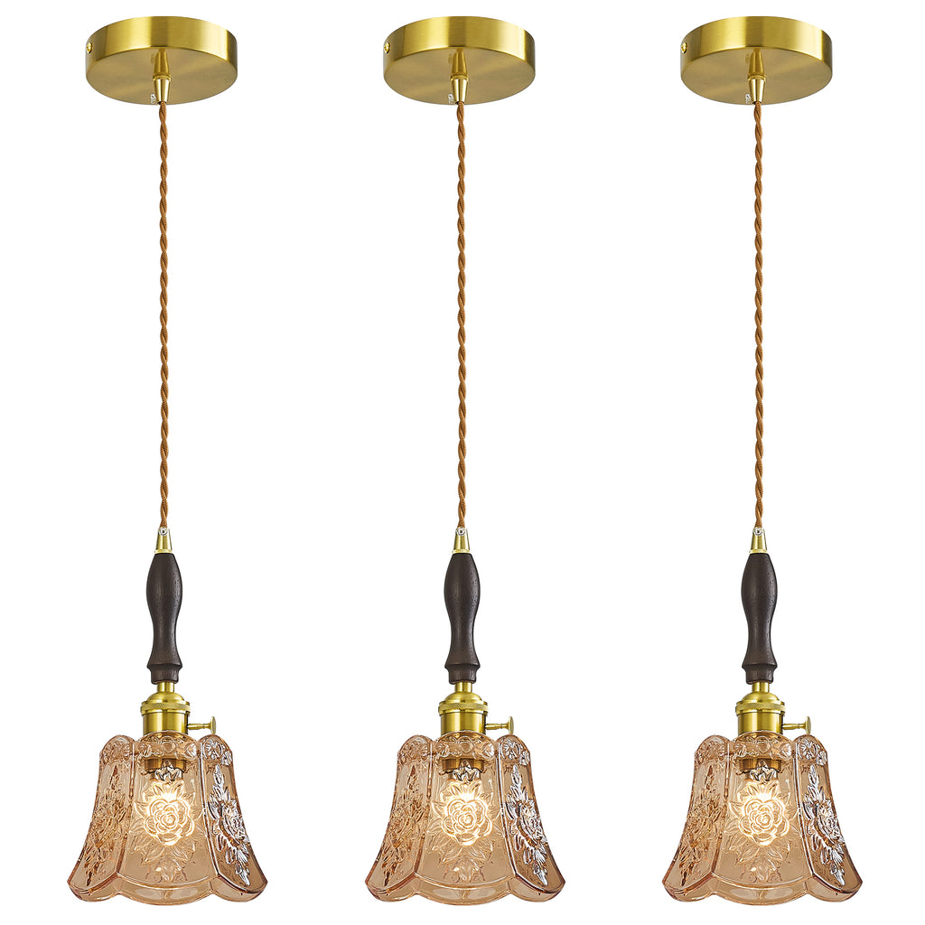 French Country Embossed Rose Floral Glass Pendant Light
