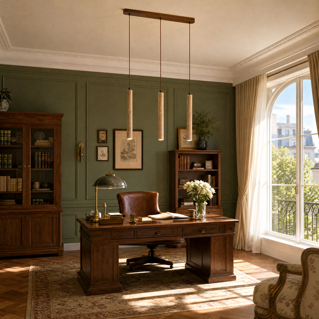 Modern Long Cylinder Travertine Wood Pendant Light