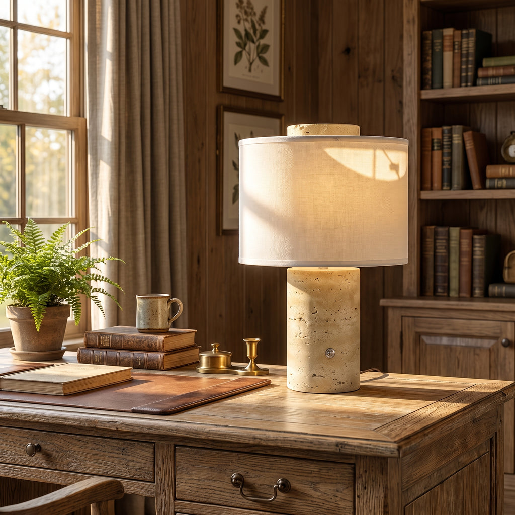Wabi Sabi Cylindrical Travertine Table Lamp