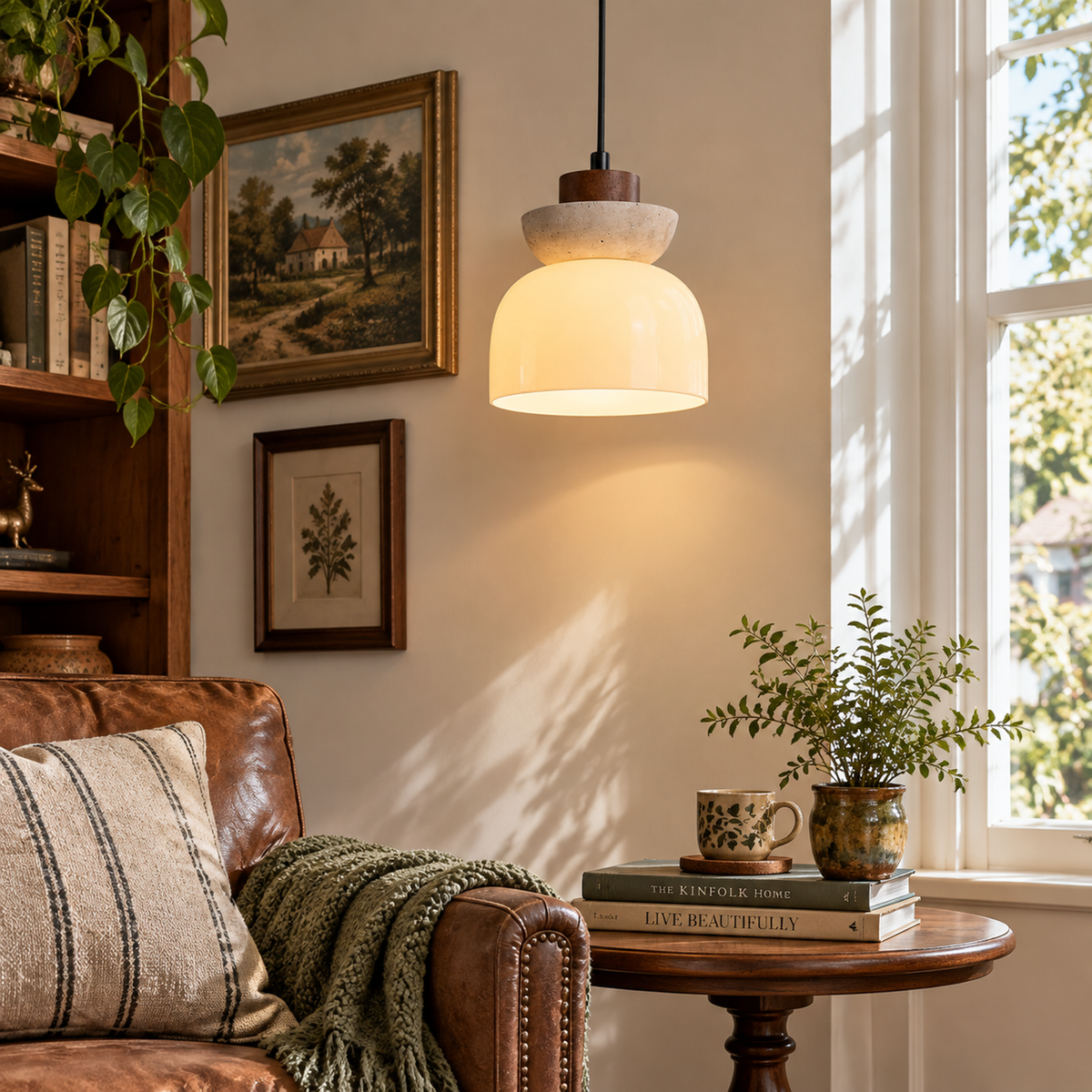 Modern Stacked Dome Travertine Glass Wood Pendant Light