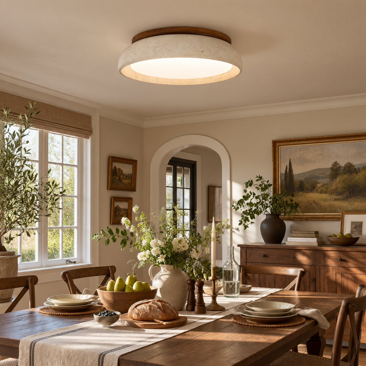 Modern Round Travertine Flush Mount LED Ceiling Light