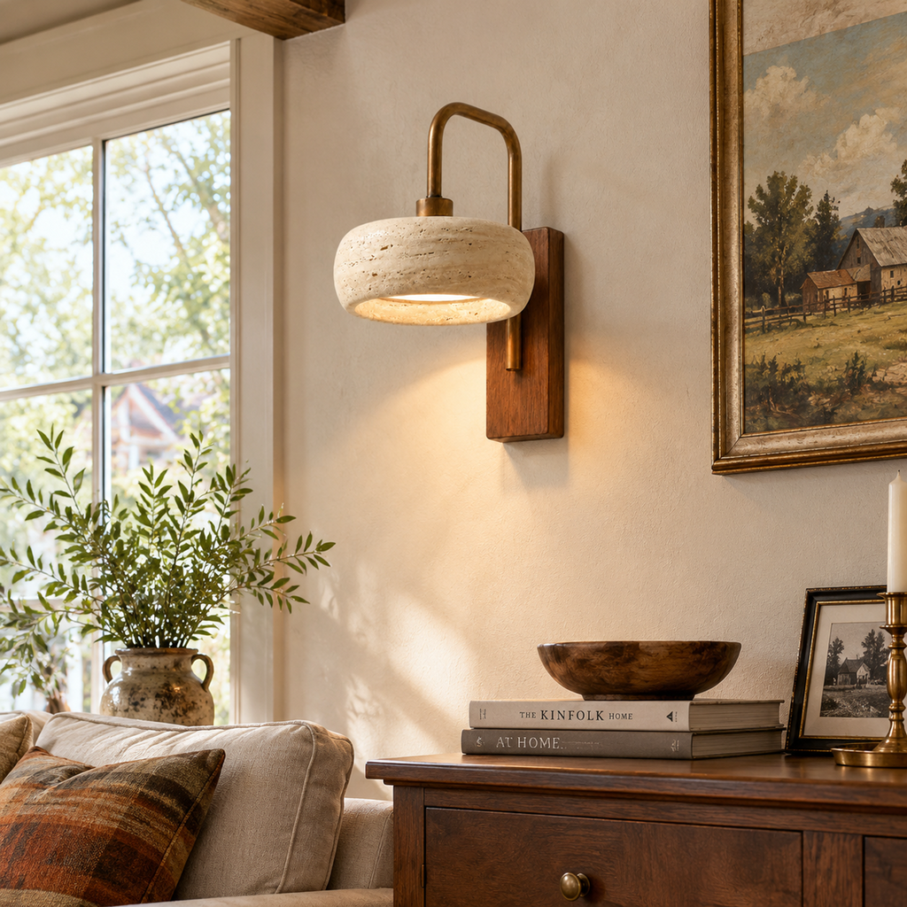 Modern Round Travertine Metal LED Wall Sconce