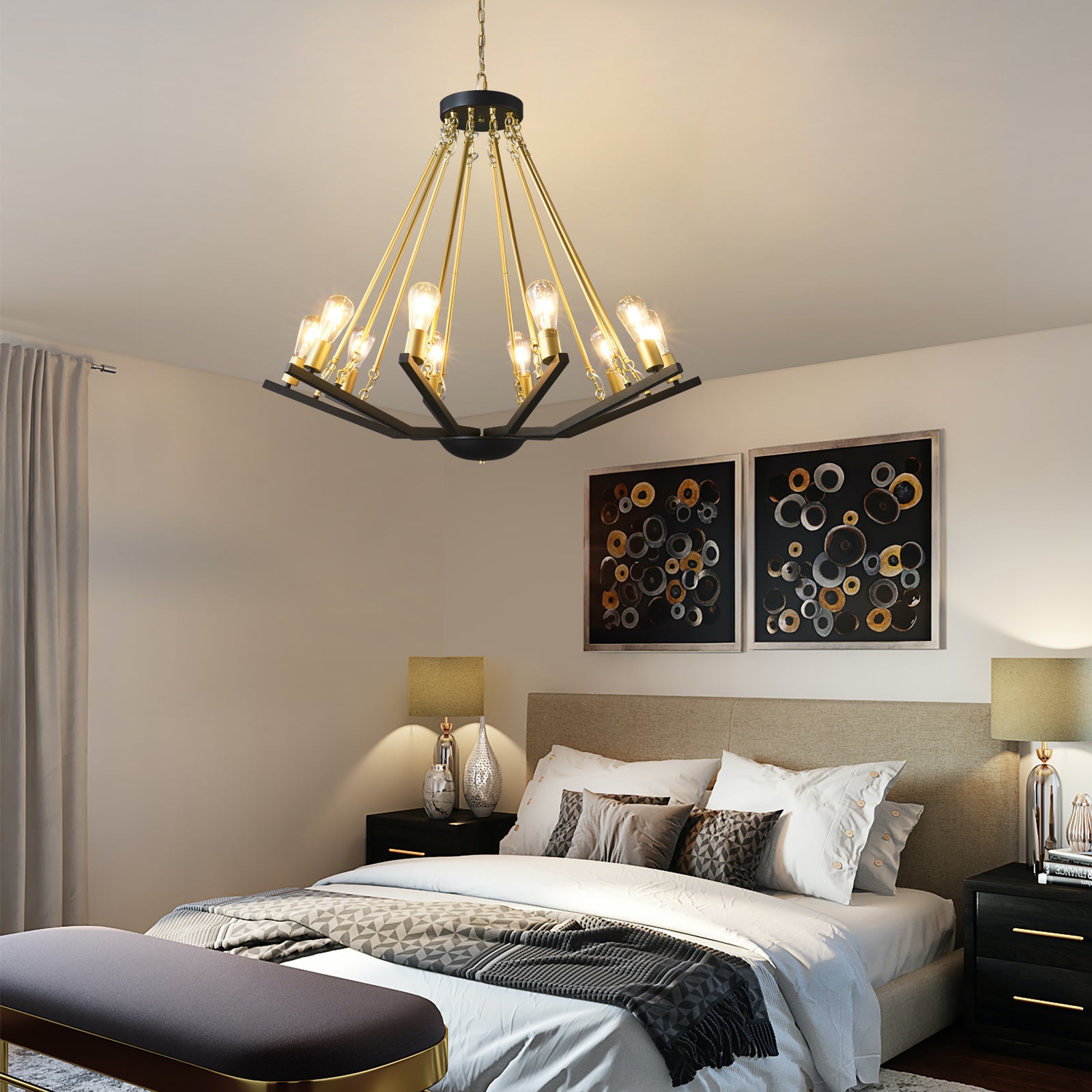 Industrial Two-Tone Frame Geometric BlackGold Wagon Wheel Chandelier