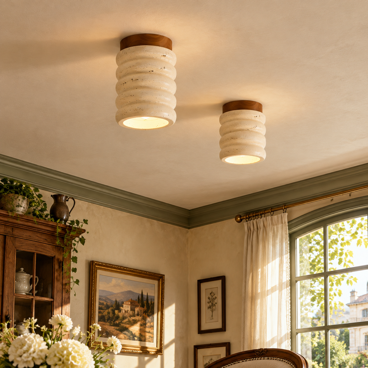 Modern Ribbed Cylinder Travertine Wood Flush Mount Ceiling Light