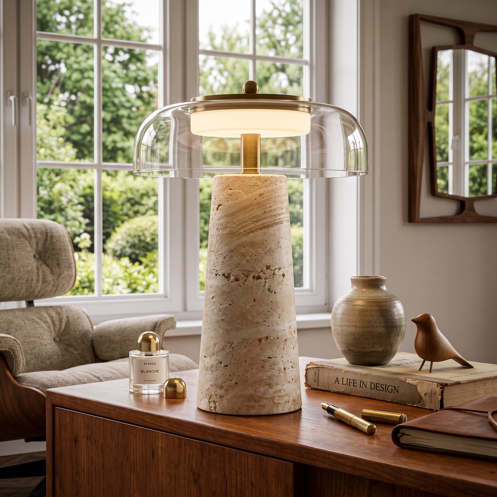 Wabi Sabi Conical Travertine & Glass LED Table Lamp