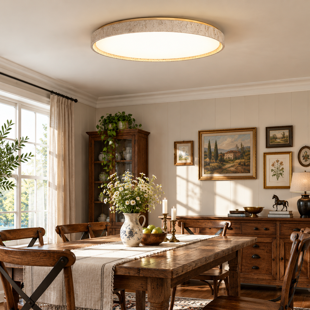 Modern Thin Round Travertine Flush Mount LED Ceiling Light
