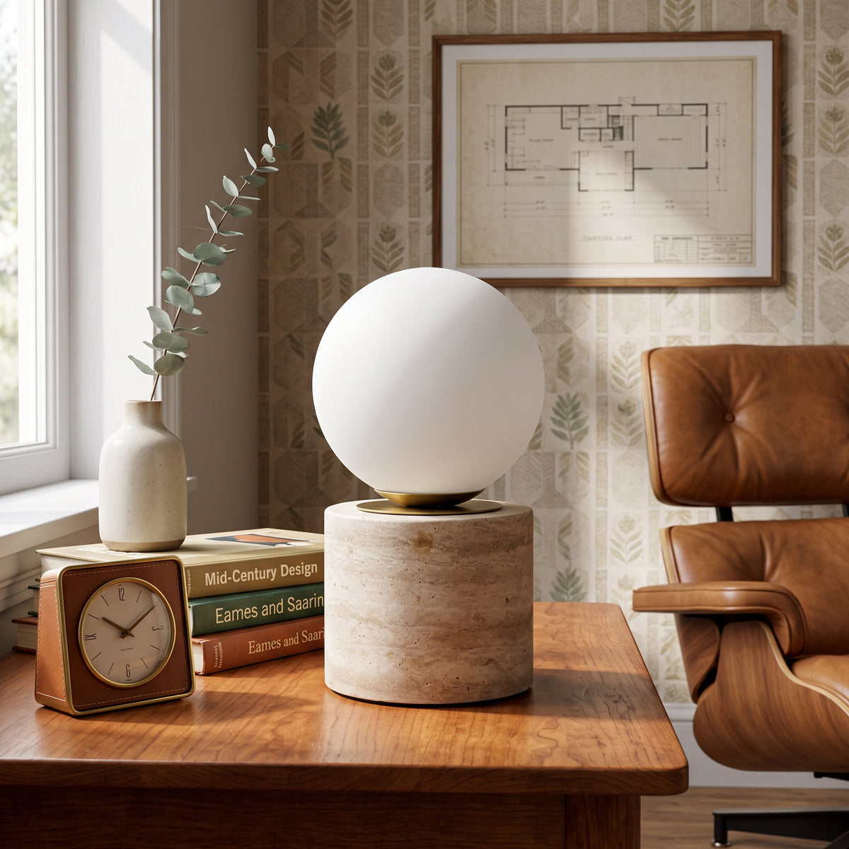 Wabi Sabi Globe Glass Travertine Table Lamp