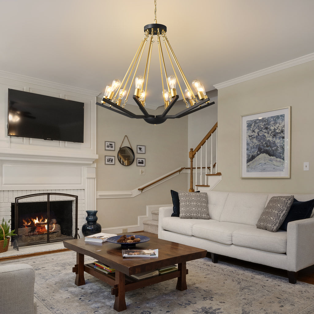 Industrial Two-Tone Frame Geometric BlackGold Wagon Wheel Chandelier