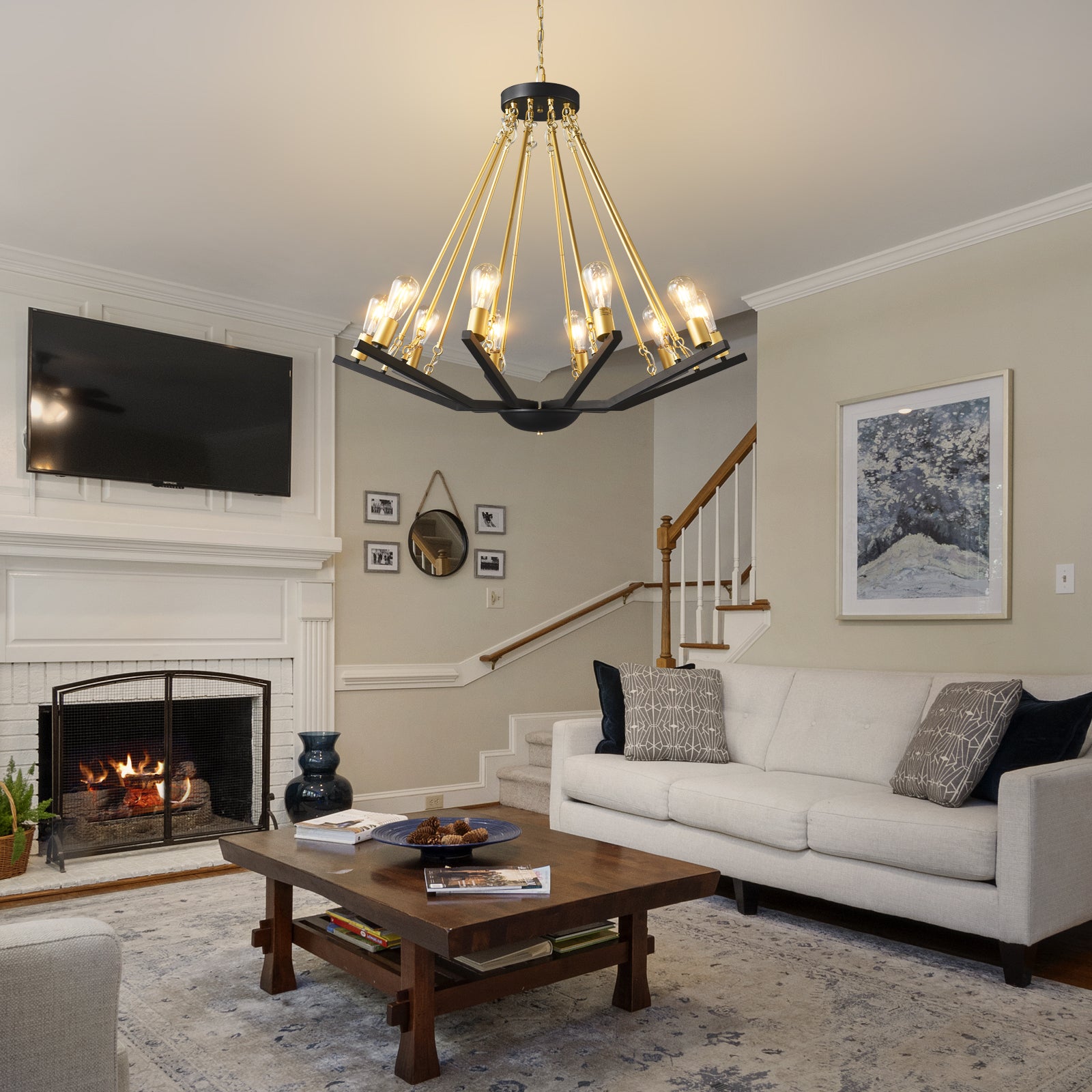 Industrial Two-Tone Frame Geometric BlackGold Wagon Wheel Chandelier