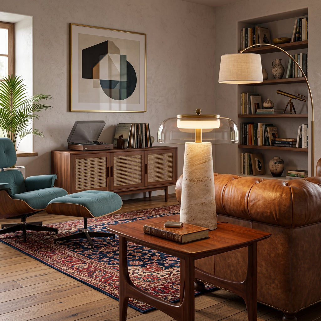 Wabi Sabi Conical Travertine & Glass LED Table Lamp