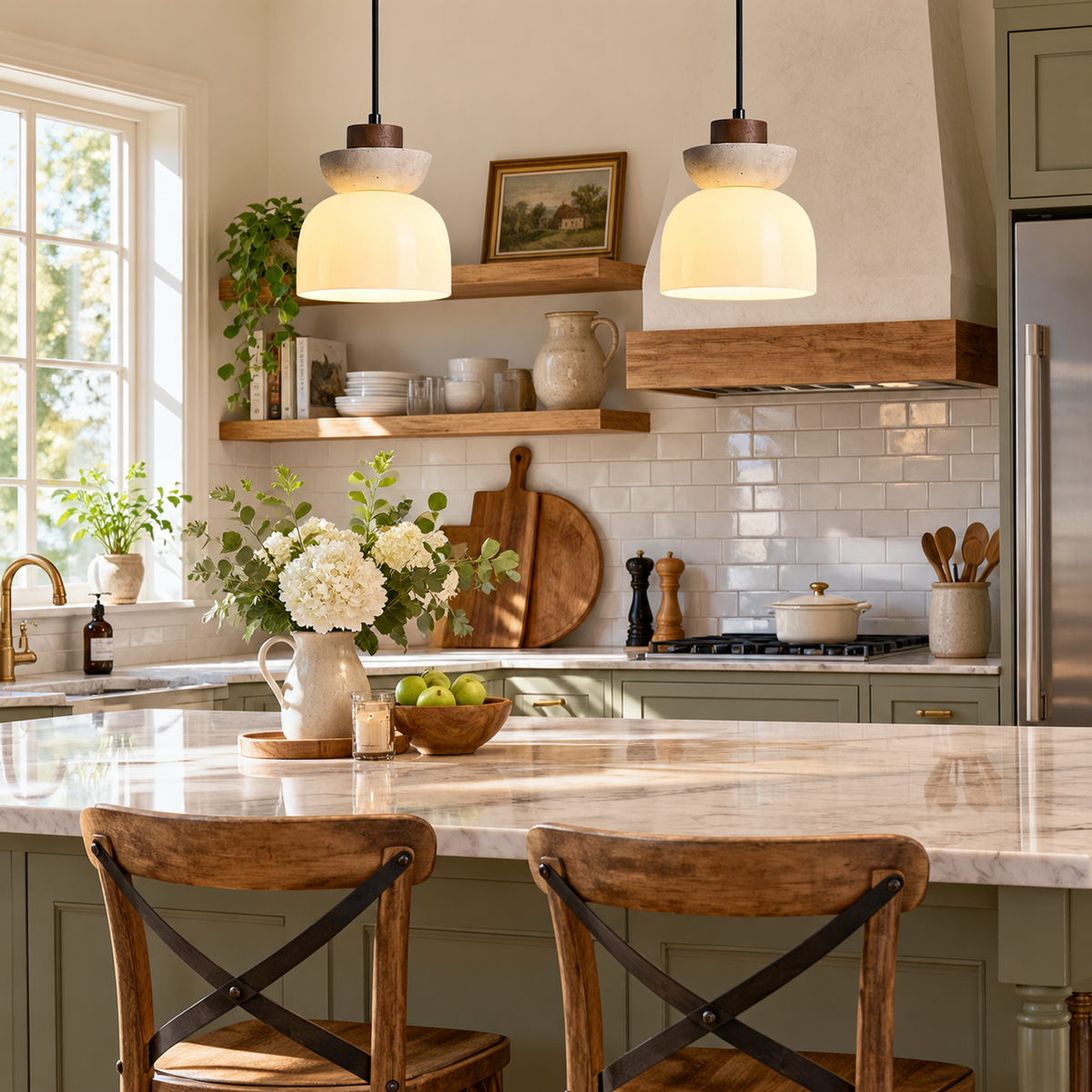 Modern Stacked Dome Travertine Glass Wood Pendant Light