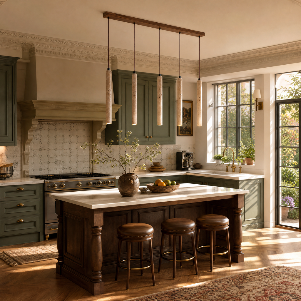 Modern Long Cylinder Travertine Wood Pendant Light