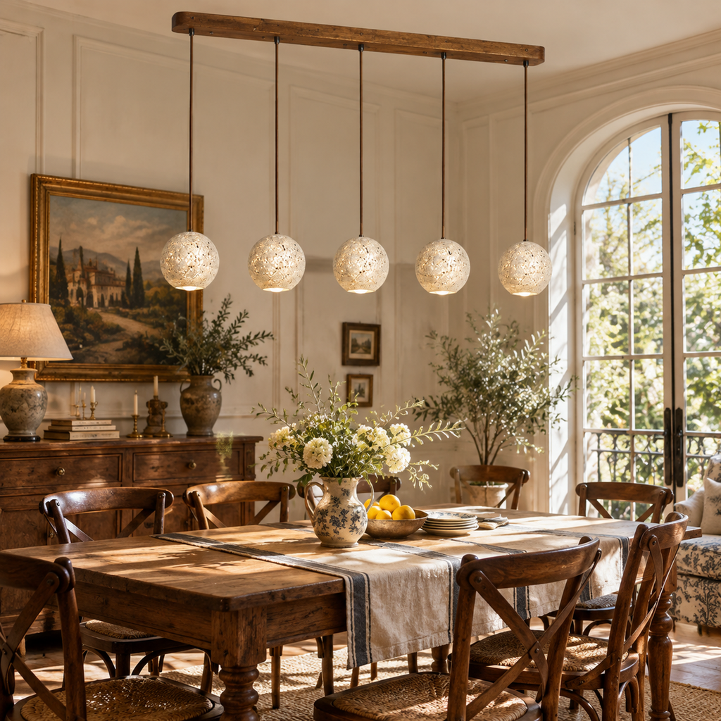 Modern Sphere Travertine Wood Pendant Light
