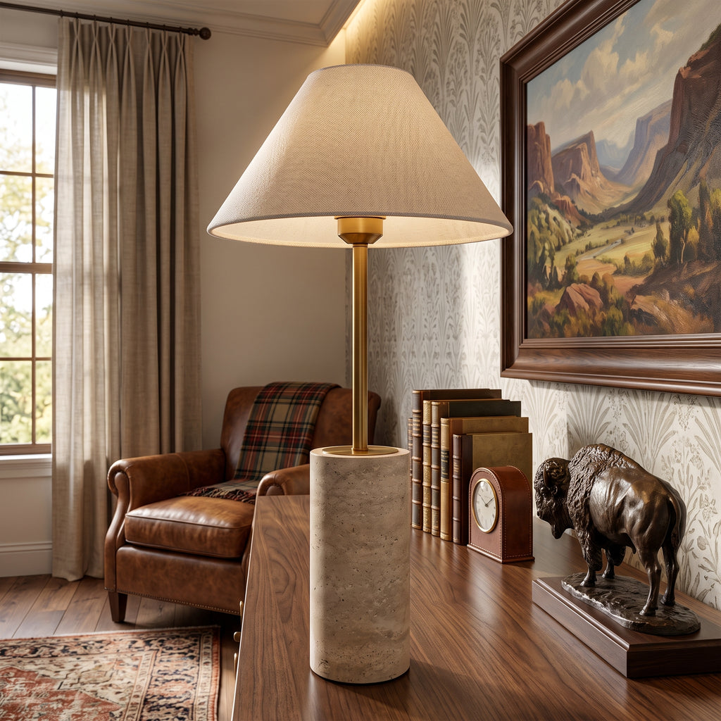 Wabi Sabi Conical Shade Travertine Table Lamp