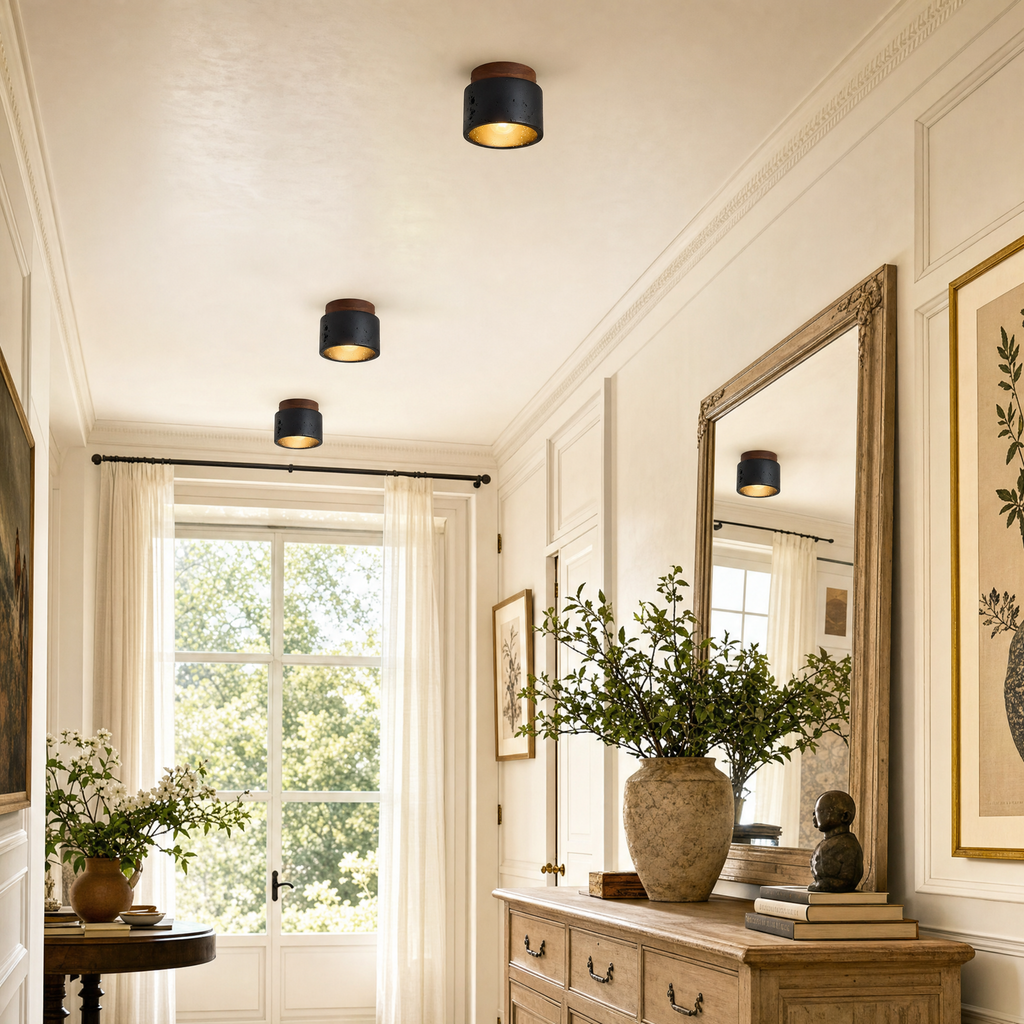 Modern Cylindrical Travertine Wood Flush Mount Ceiling Light
