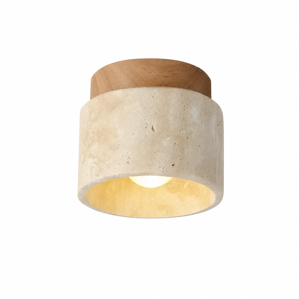 Modern Cylindrical Travertine Wood Flush Mount Ceiling Light