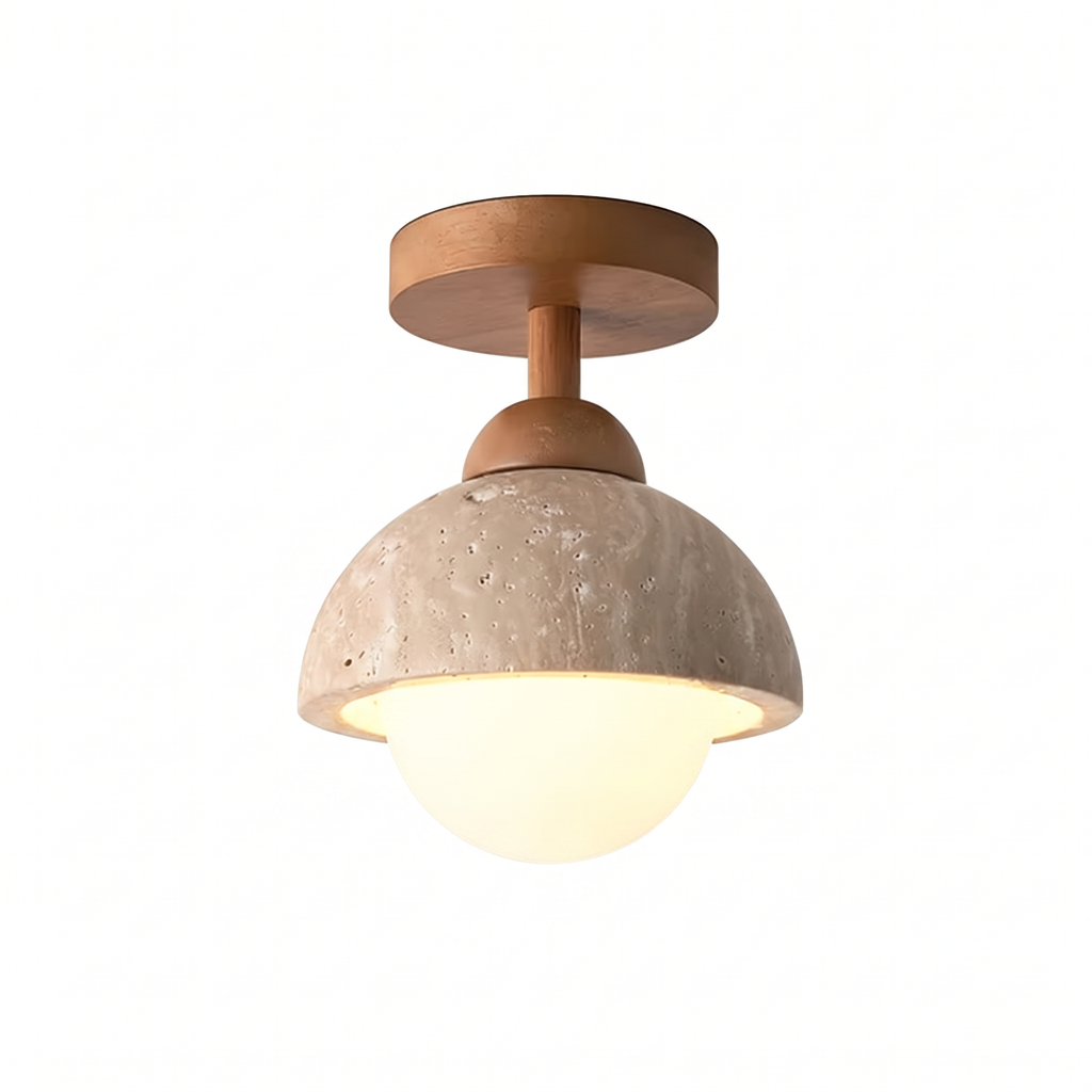 Modern Dome & Cylinder Travertine Wood Semi Flush LED Ceiling Light