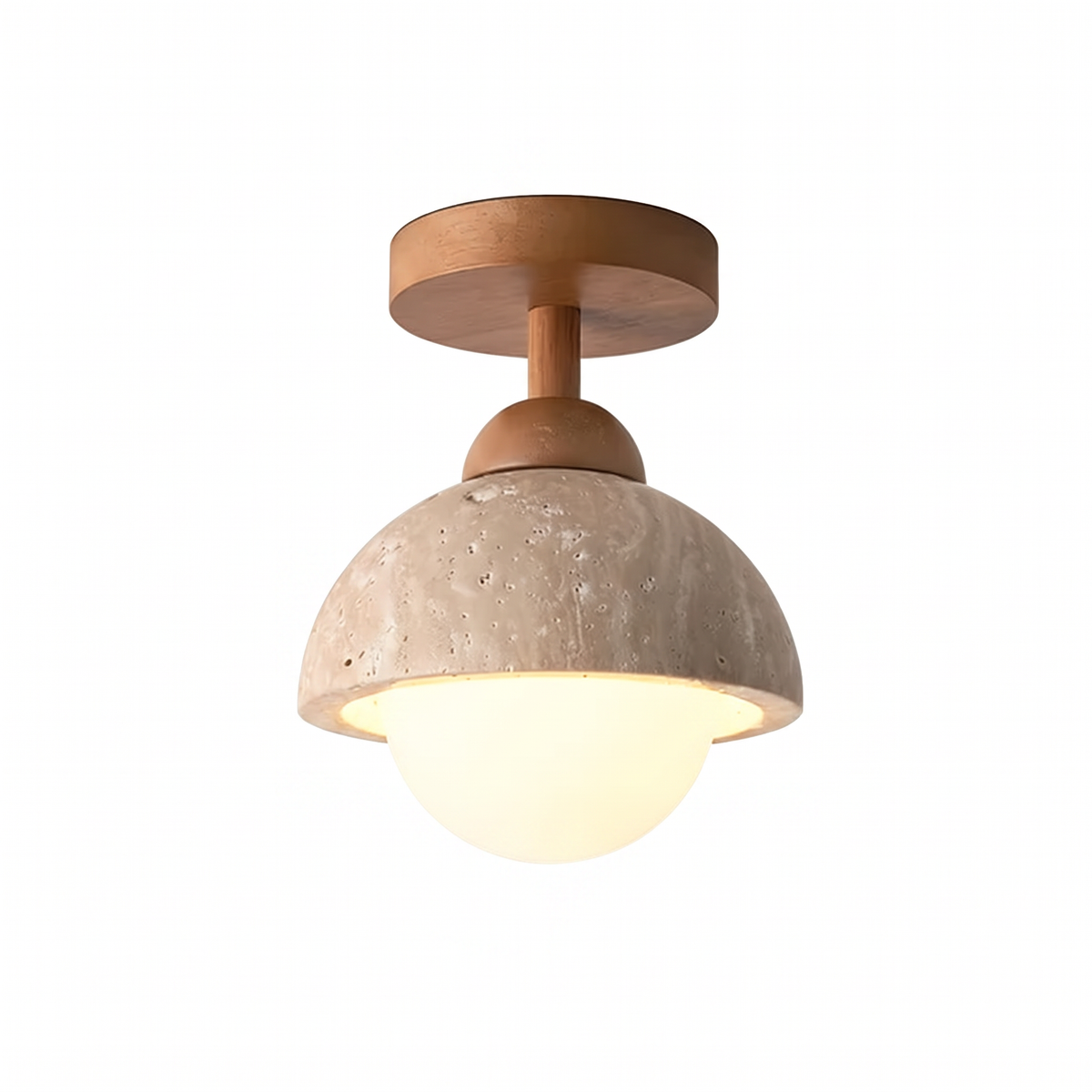 Modern Dome & Cylinder Travertine Wood Semi Flush LED Ceiling Light