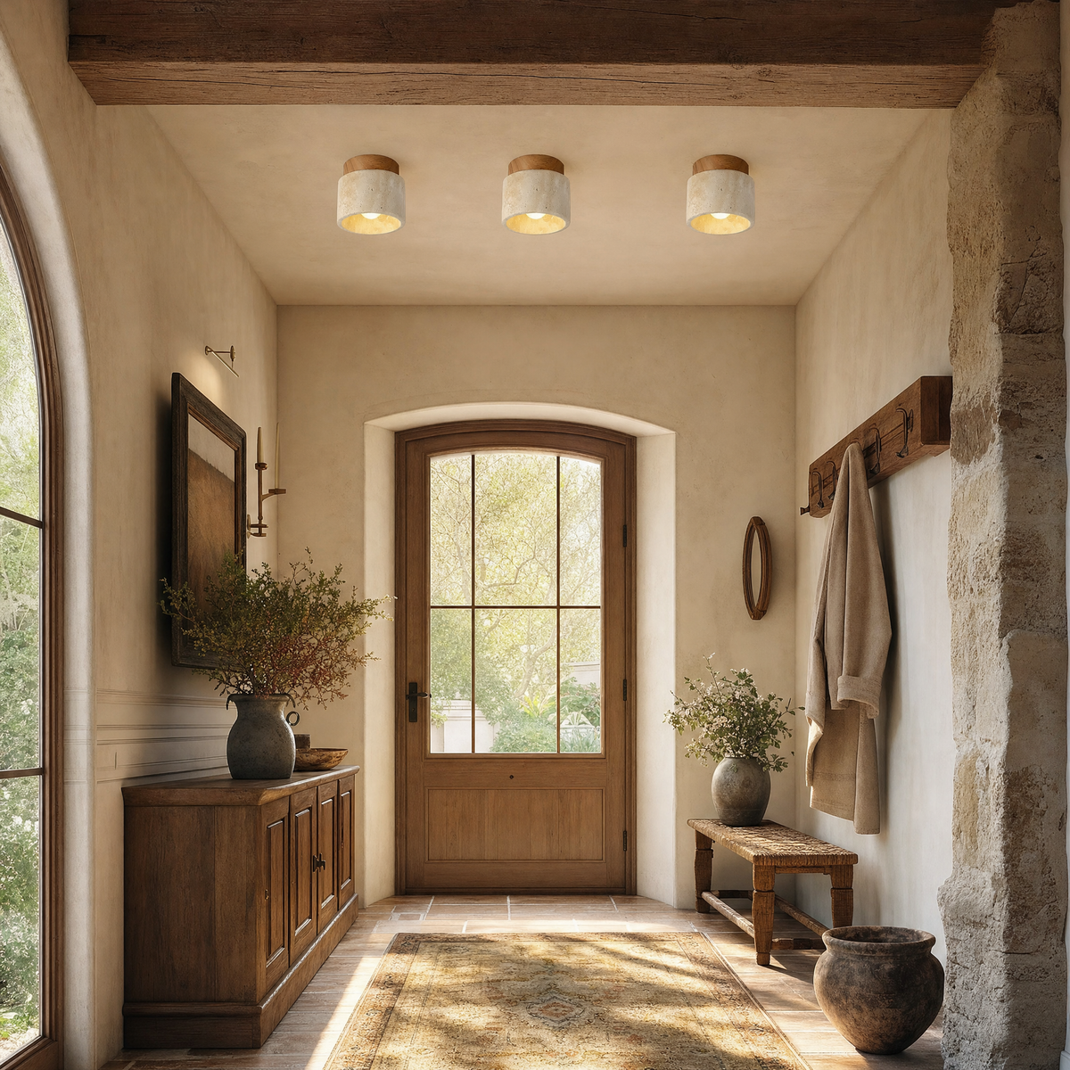 Modern Cylindrical Travertine Wood Flush Mount Ceiling Light