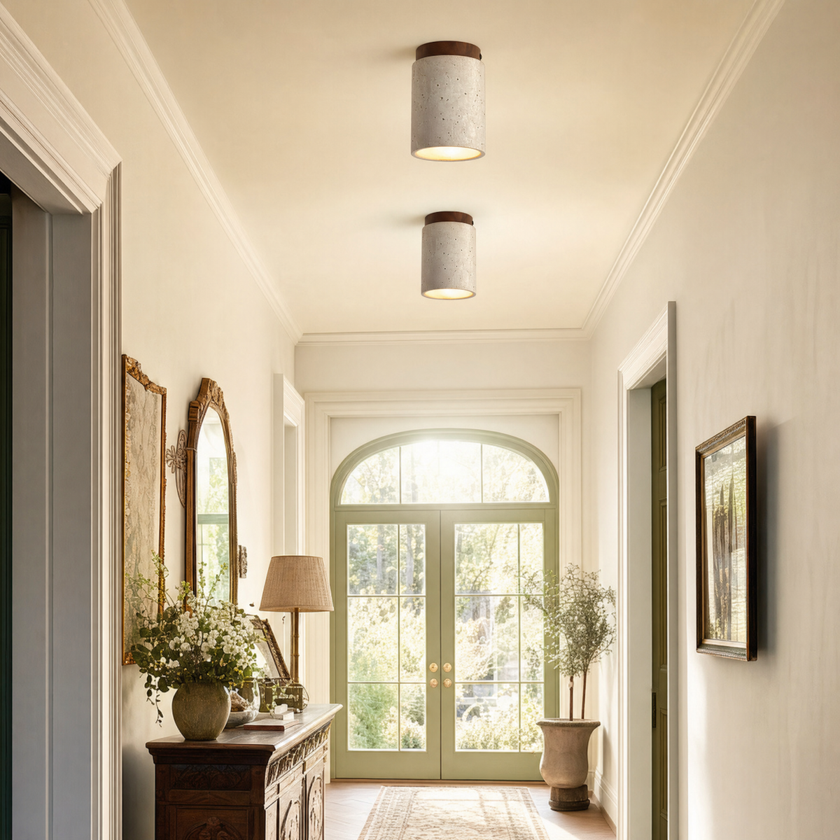 Modern Cylindrical Travertine Wood Flush Mount Ceiling Light