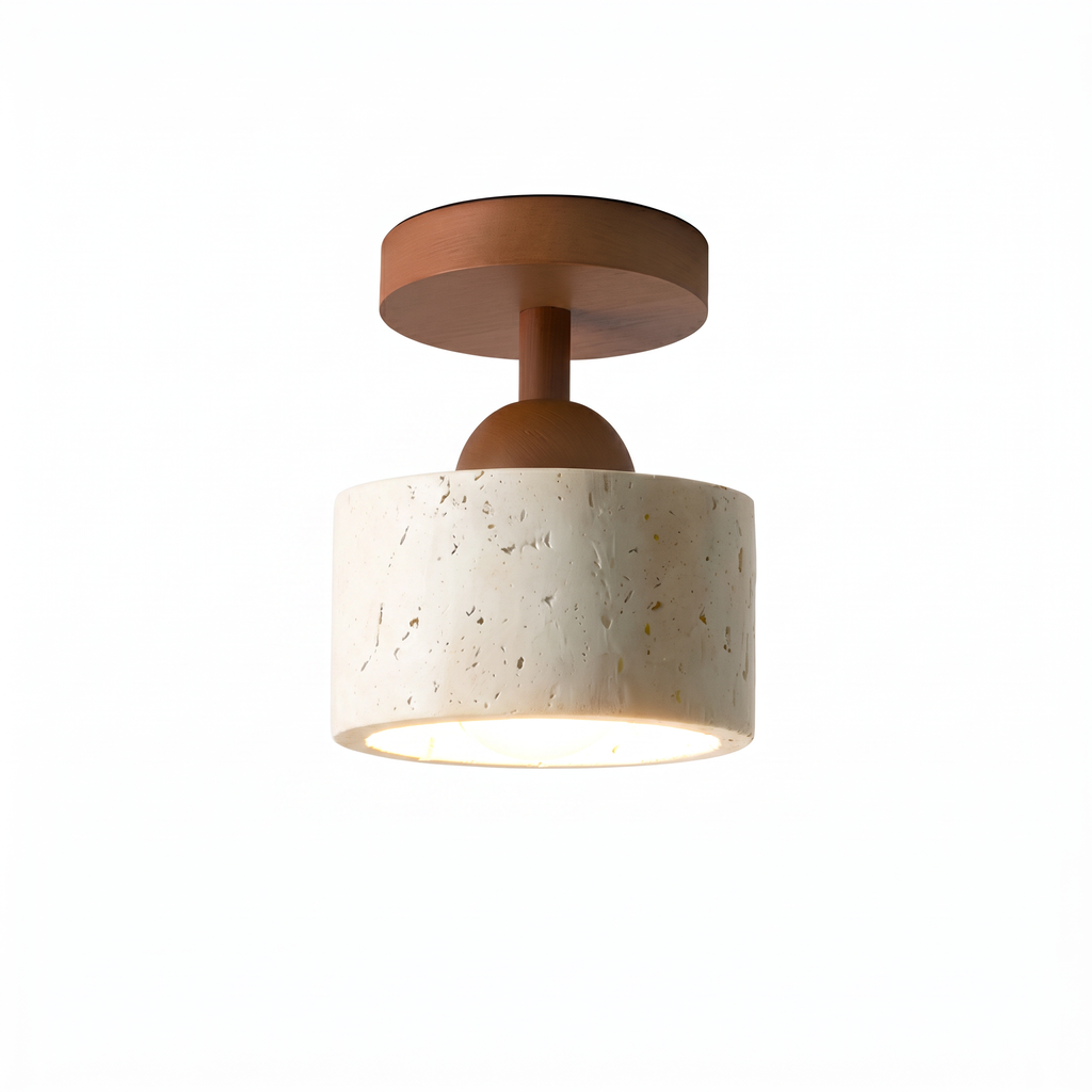 Modern Dome & Cylinder Travertine Wood Semi Flush LED Ceiling Light