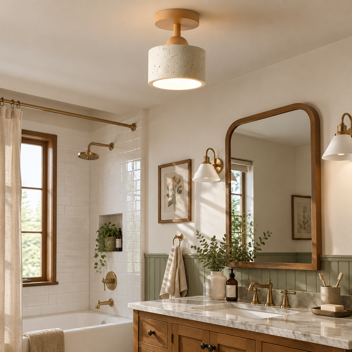 Modern Dome & Cylinder Travertine Wood Semi Flush LED Ceiling Light