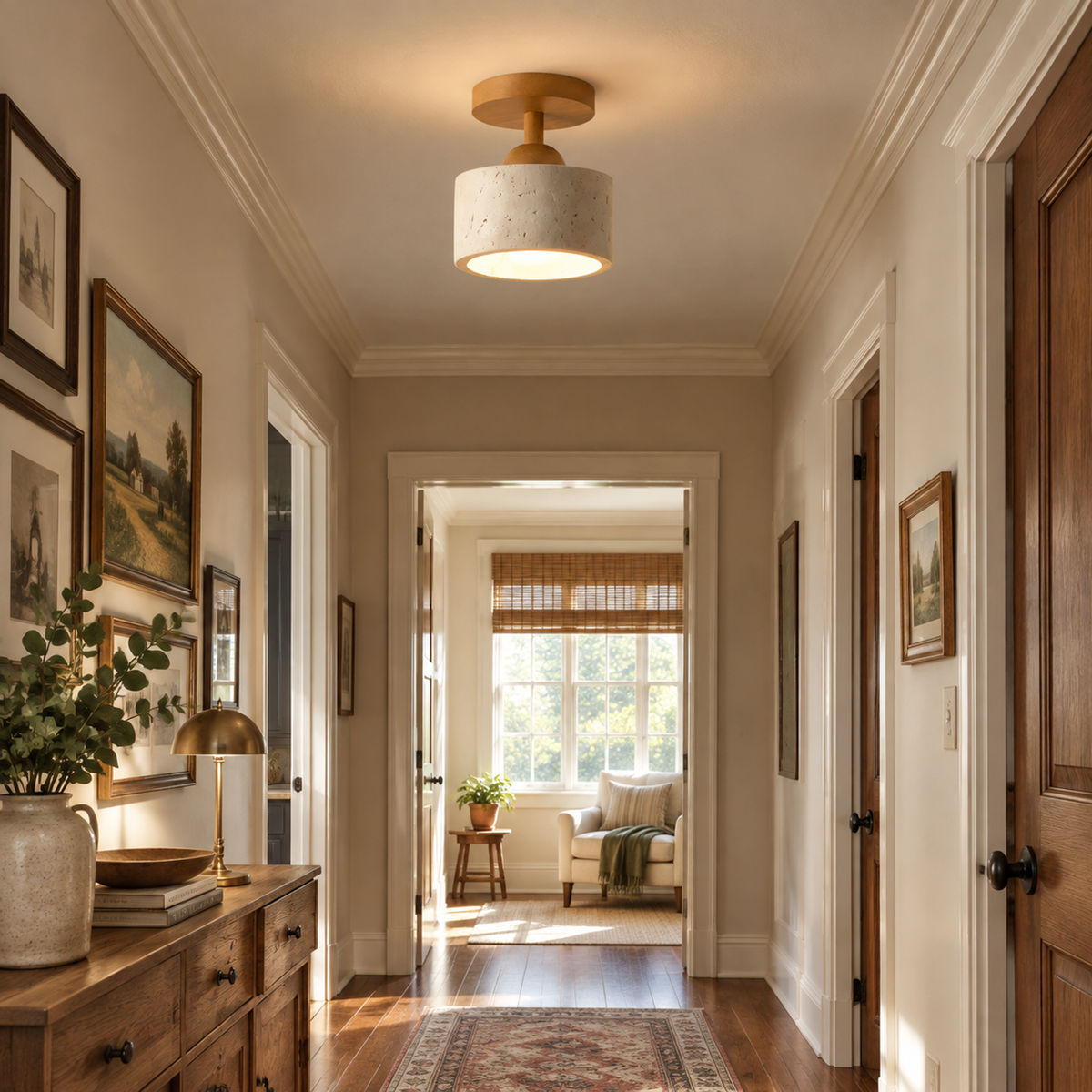 Modern Dome & Cylinder Travertine Wood Semi Flush LED Ceiling Light