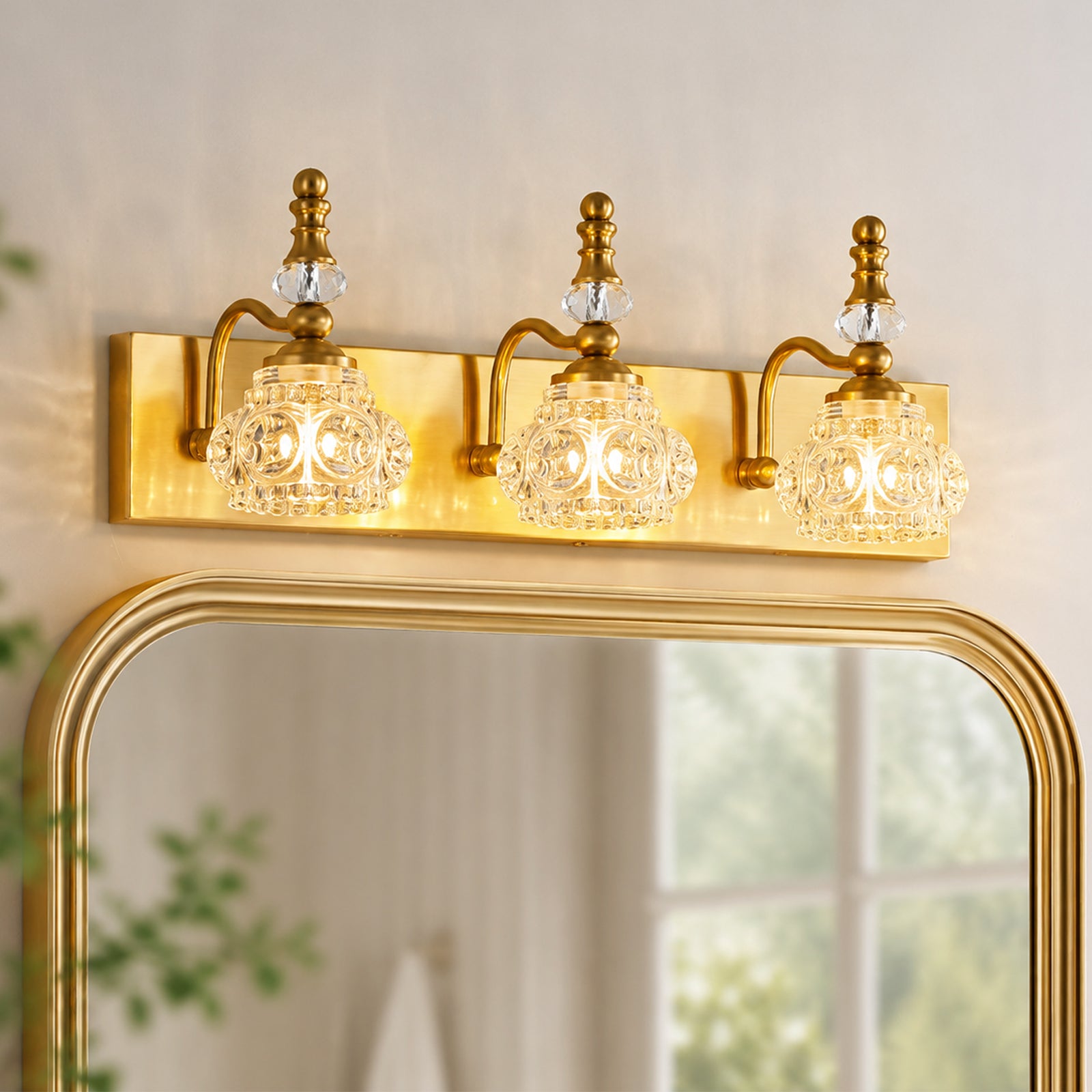 Vintage Embossed Textured Glass Curved Metal Arm Bathroom Vanity Light